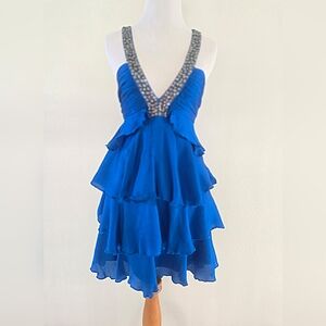Bebe Blue Sleeveless Tiered Dress with Embellished Neckline